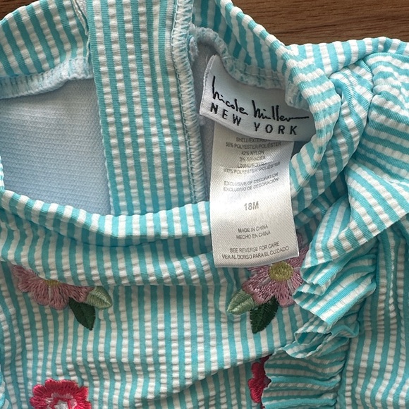 Nicole Miller Teal Striped Floral Swimsuit - Picture 2 of 2